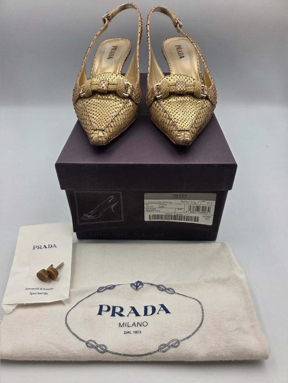 Pre- owned Prada snakeskin braided accents slingback pumps in a metallic gold
